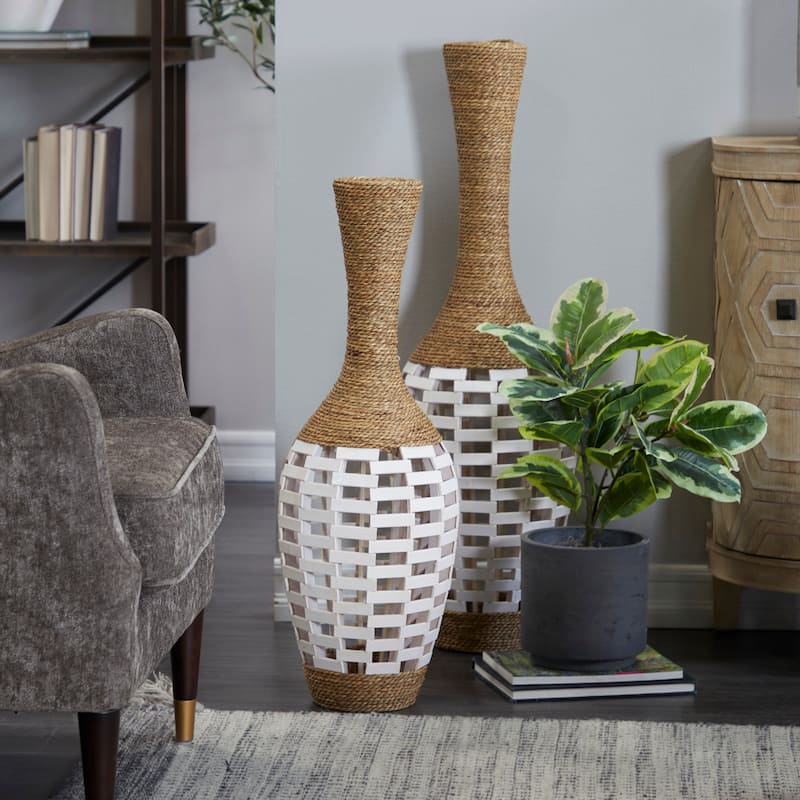 Seagrass Handmade Wrapped Tall Floor Vase with Cream Slatted or Mosaic Bamboo Center - Brown - Roche River Decor