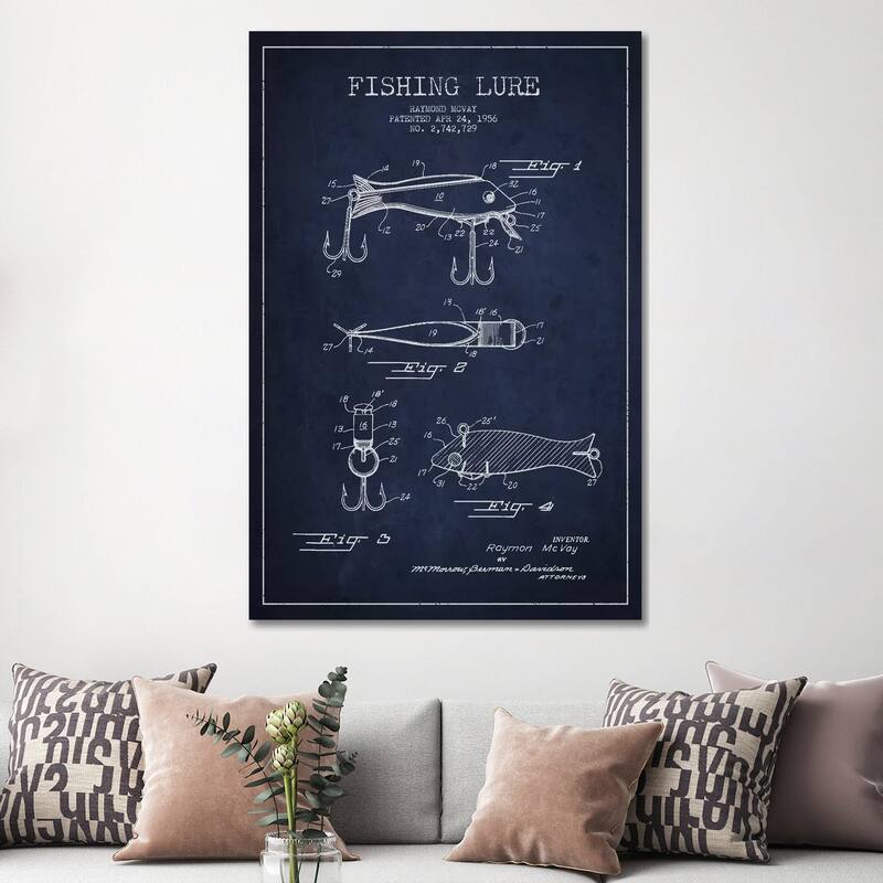 iCanvas "Fishing Tackle Navy Blue Patent Blueprint" by Aged Pixel Canvas Print