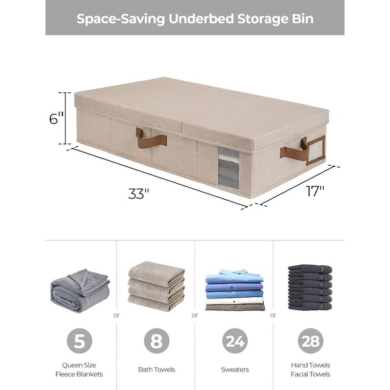 2-Pack Underbed Storage Container with Lid & Handle, Foldable Underbed Organizer for Bedroom - 33"x17"x6"