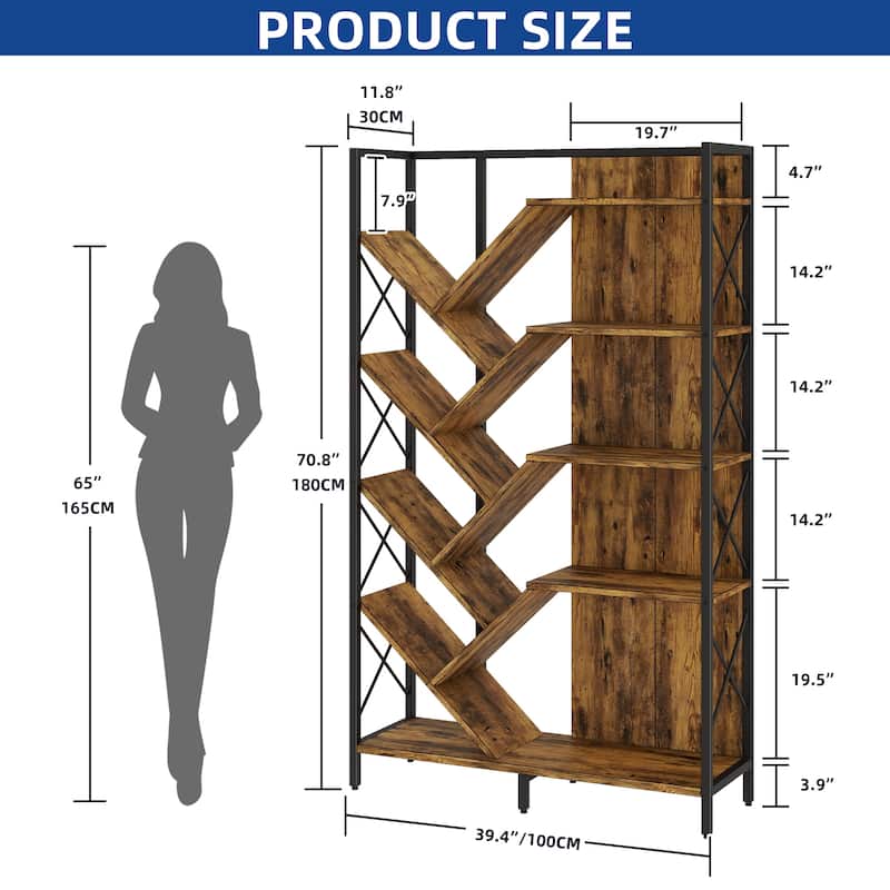 Moasis Wood 5-Tier Large Tree Bookshelf Industrial Open Etagere Bookcase