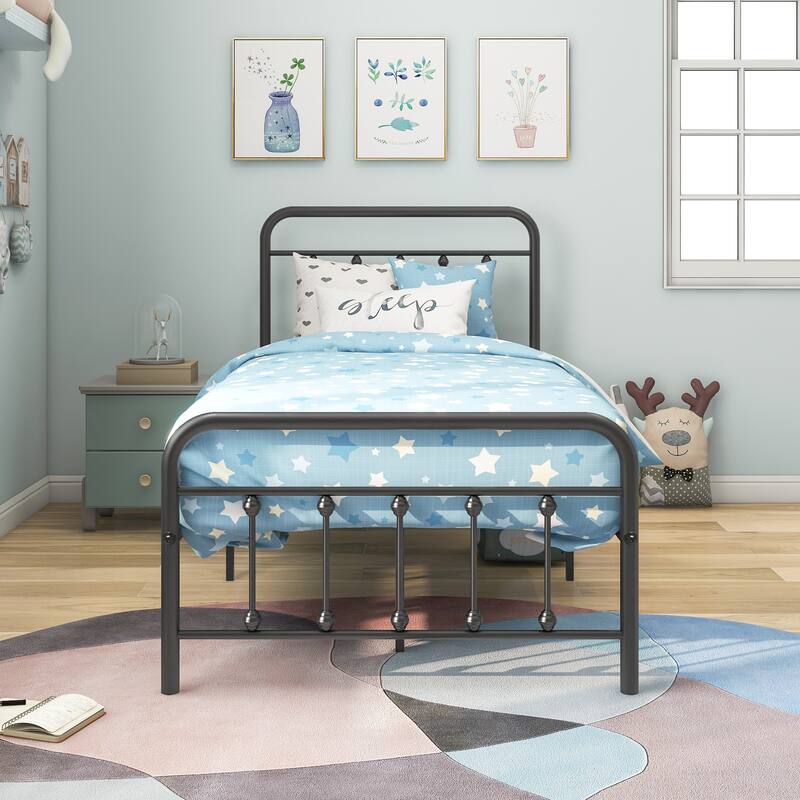 Black Metal Twin Platform Bed Frame with Headboard - Storage Space Underneath - Twin
