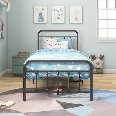 Black Metal Twin Size Platform Bed Frame with Headboard - Under-Bed Storage