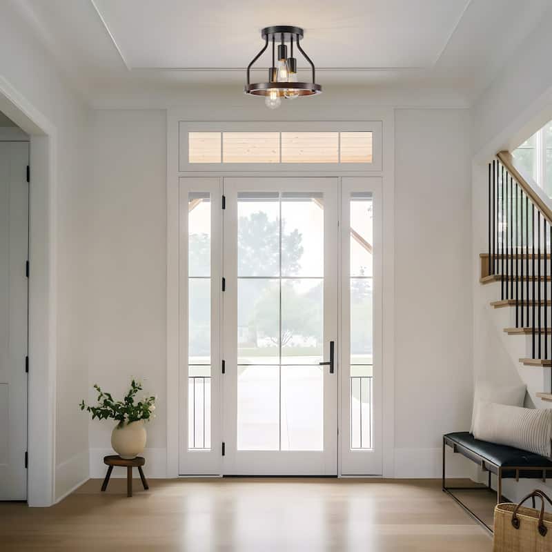 Starsky 3-Light Farmhouse Round Wood Flush Mount Ceiling Light, Industrial Caged Beech Wood Fixture with Black Metal Canopy