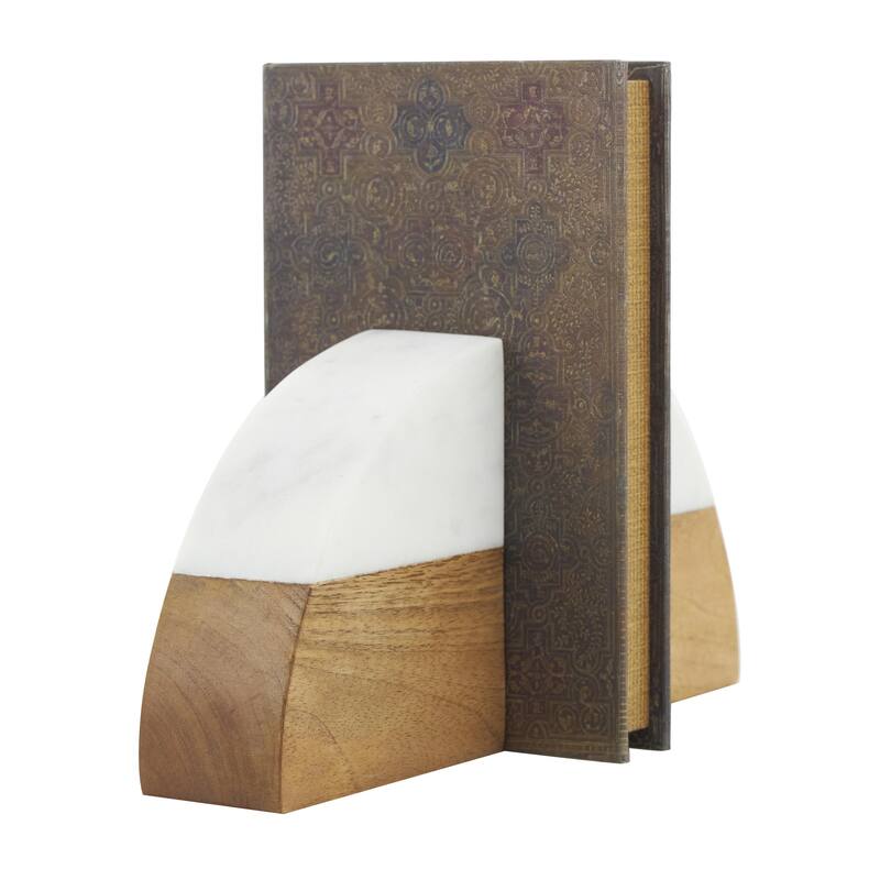 Mango Wood Geometric Arched 5 lbs Decorative Bookends with White Marble Tops - Set of 2 Brown - Roche River Decor
