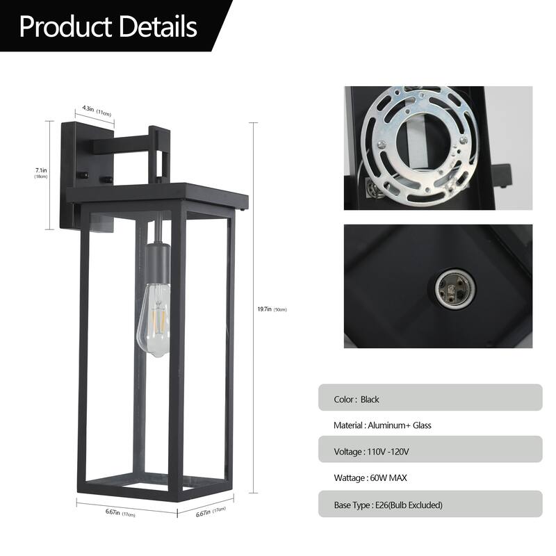 20"(H) Set of 2 Modern Outdoor Wall Lanterns with Black Metal Frame and Clear Glass, Weatherproof Wall Sconces