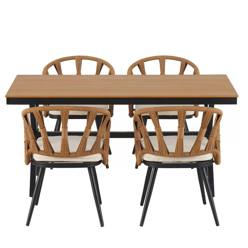 Contemporary Outdoor Set with PE Rattan Chairs and Plastic Wood Table