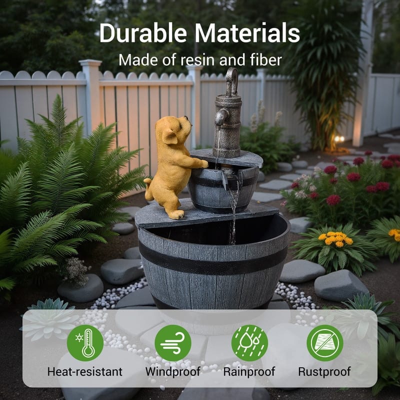 Outdoor Garden Fountain with LED – Farmhouse-Style Puppy & Faucet Design