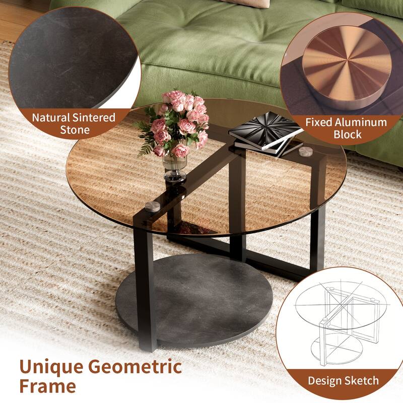 Round Amber-Tinted Tempered Glass Coffee Table Living Room Center Table with 2-Tier