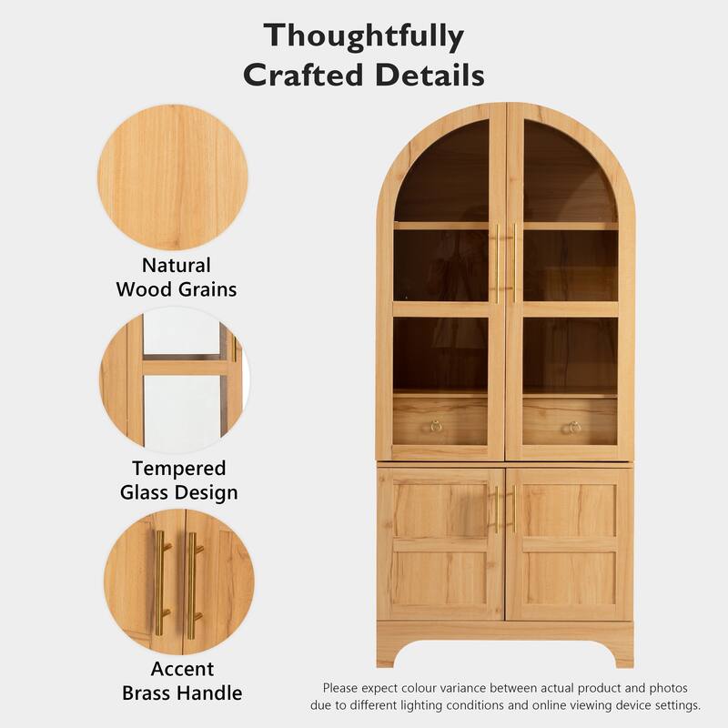 Roomfitters 71" Tall Arched Kitchen Pantry Cabinet with Glass Doors, Hidden Drawer & 4 Door Shelves