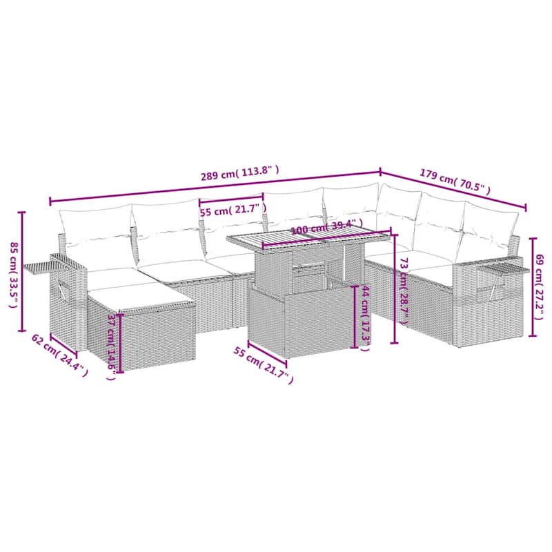 vidaXL Patio Sofa Set with Cushions Outdoor Furniture 9 Piece Poly Rattan - 21.7 x 39.4 x 28.7