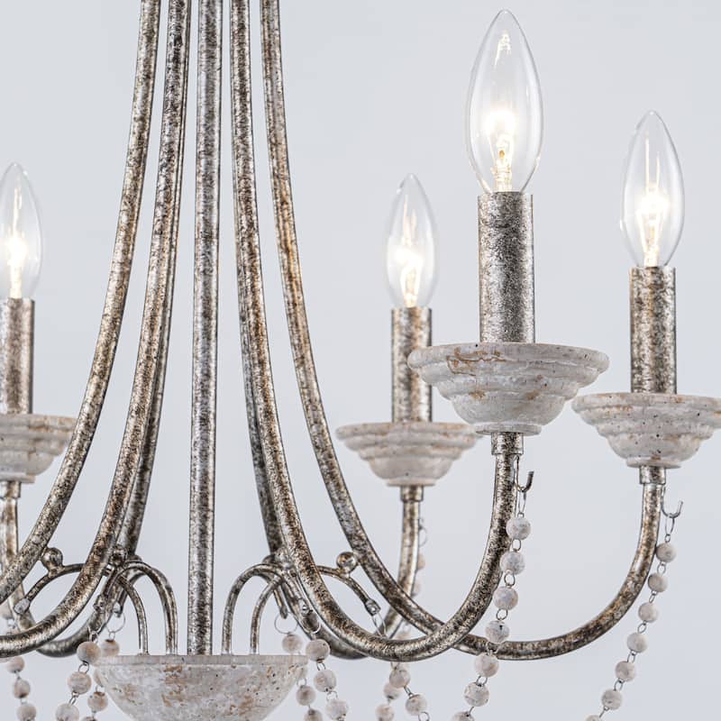 6-Light 20" Rustic French White Antiqued Wood Beaded Chandelier Light for Dining Room, Living Room
