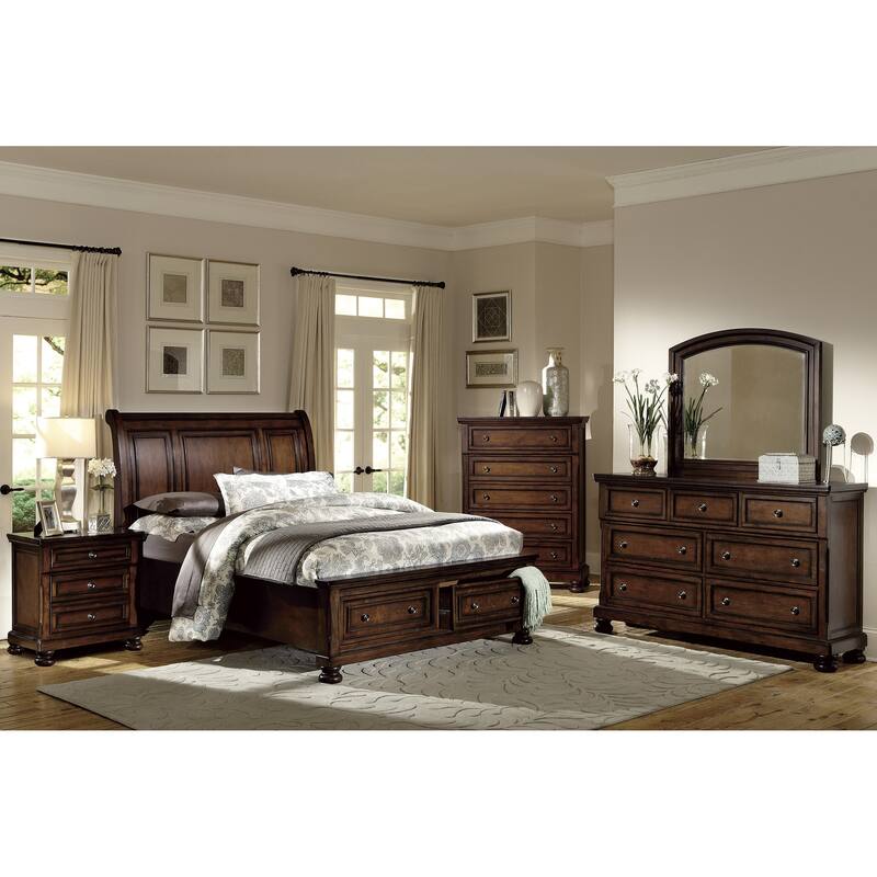 Brown Cherry Finish 1pc Sleigh Platform Bed with Footboard Storage