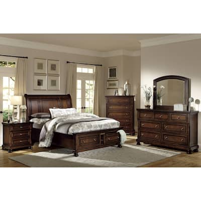 Classic Bedrrom 4pc Set Brown Cherry Finish Sleigh Platform Bed with Footboard Storage