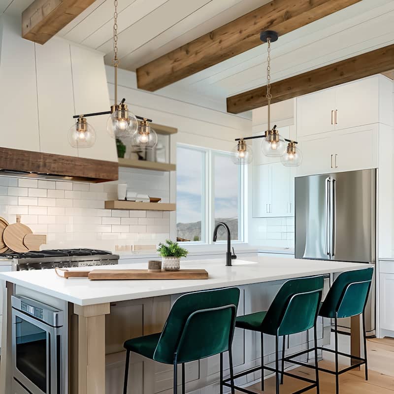 Modern 5-Light Black Gold Chandelier Seeded Glass Pendant Lights for Dining Room