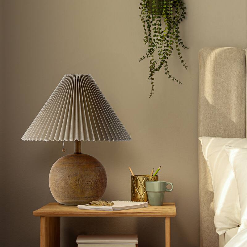Arvid 17.25" Coastal Scandinavian Resin/Iron Sphere LED Table Lamp with Pleated Shade and Pull Chain, by JONATHAN Y