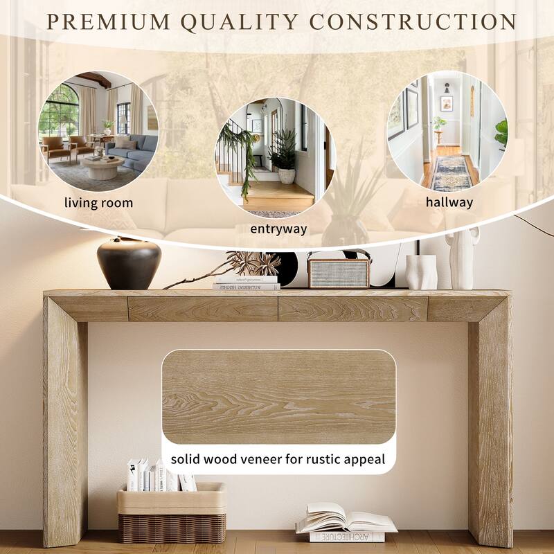 60"Modern Farmhouse Console Table with 2 Concealed Drawers,Waterfall Design Entryway Table with Thickened Legs&Rustic Wood Grain