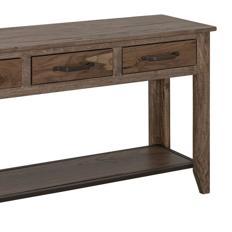 Tacey Sofa Console Table, 3 Drawers, Rustic Peanut Brown Wood, 54 Inch