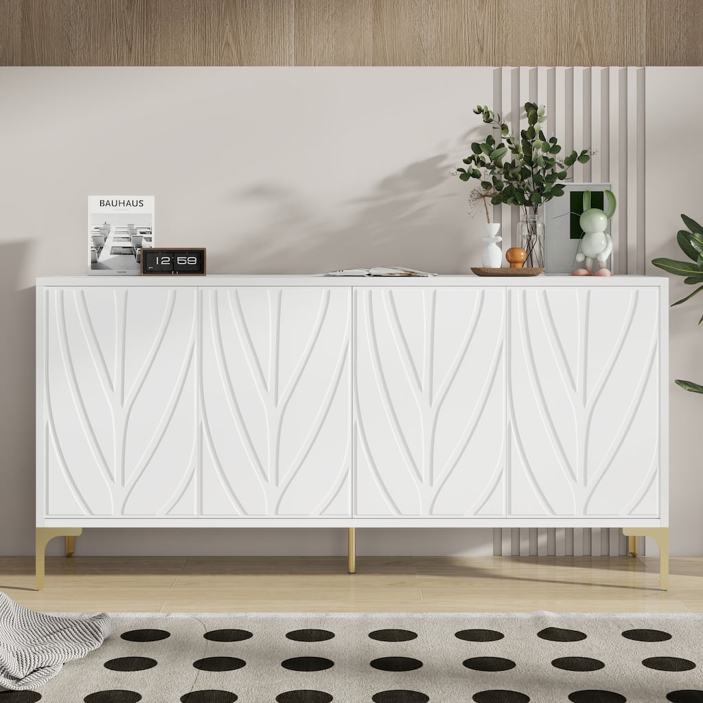Modern Carved Sideboard Buffet Cabinet with Handleless Push-Open Design, for Living Room, Bedroom and Dining Room, White