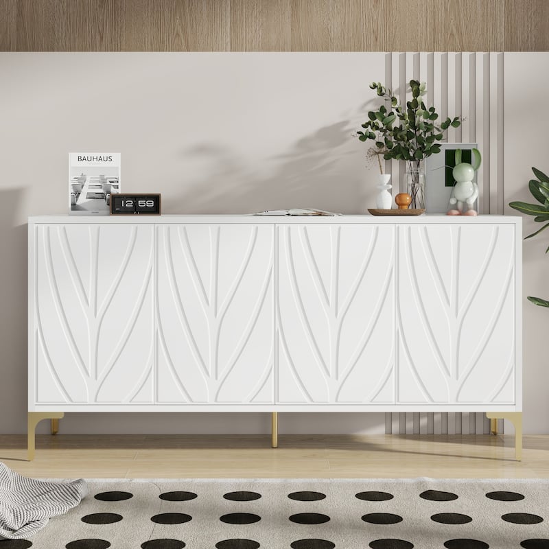 Modern Carved Sideboard Buffet Cabinet with Handleless Push-Open Design, for Living Room, Bedroom and Dining Room, White - White