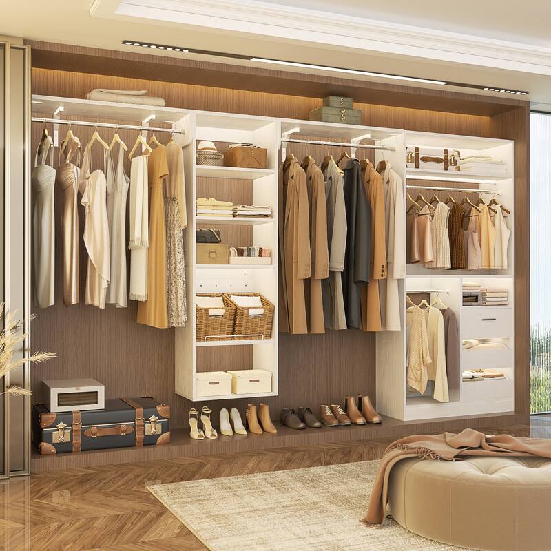 Qvella 59"-132" Closet System with Adjustable Shelves and Drawers,Multi-Functional Combination Wardrobe System Closet Organizer