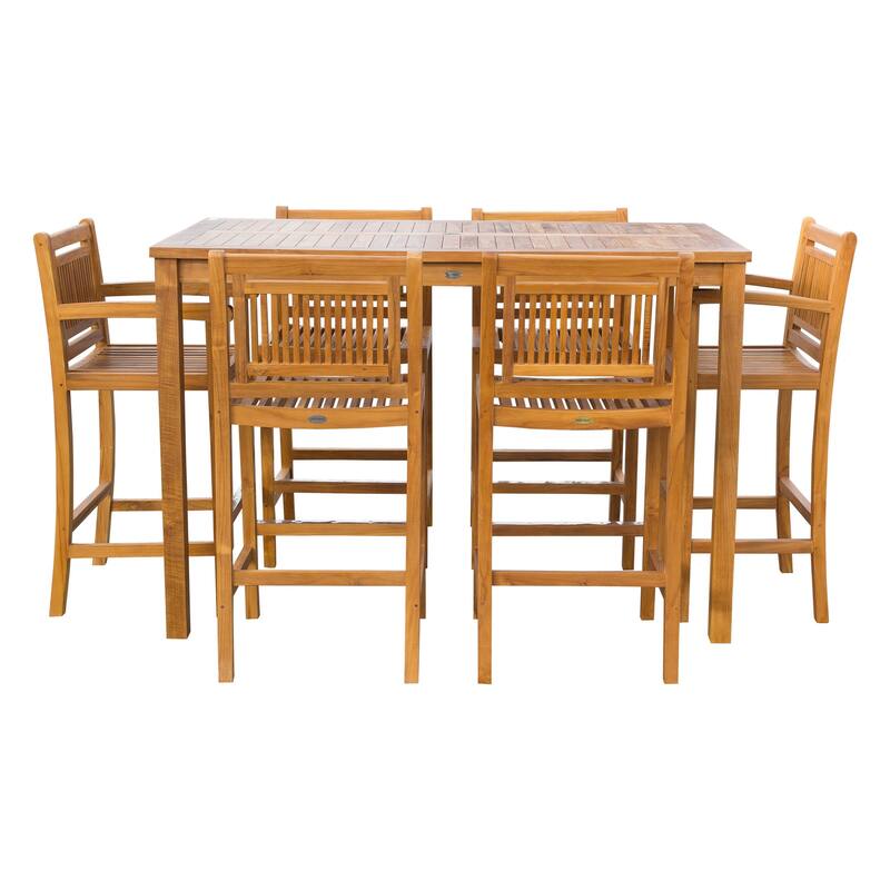 Chic Teak 7 Piece Teak Wood Maldives Patio Bistro Bar Set, 63" Bar Table, 2 Bar Chairs with Arms and 4 Armless Bar Chairs