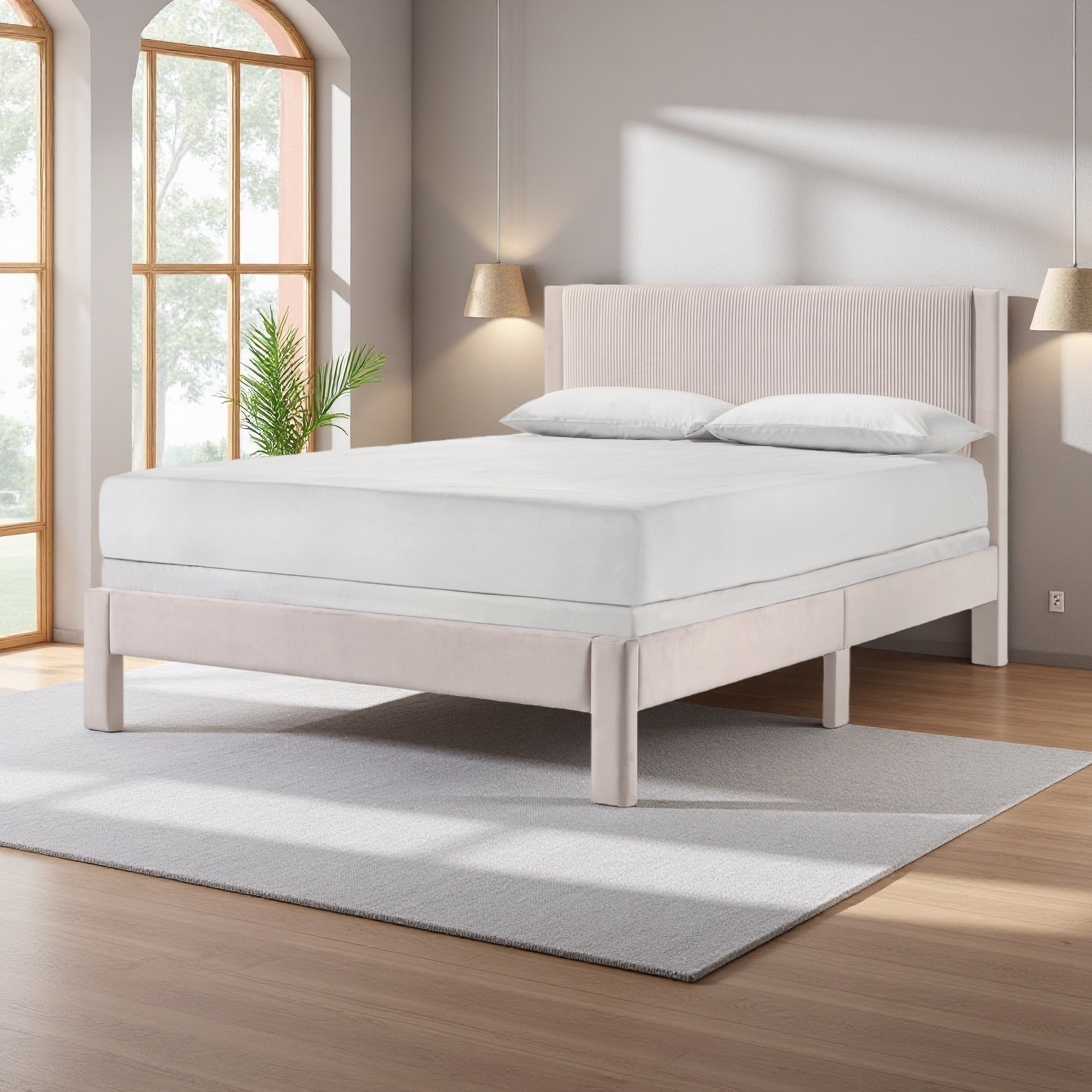 Full Size Modern Platform Bed, Ribbed Headboard, Pink Finish