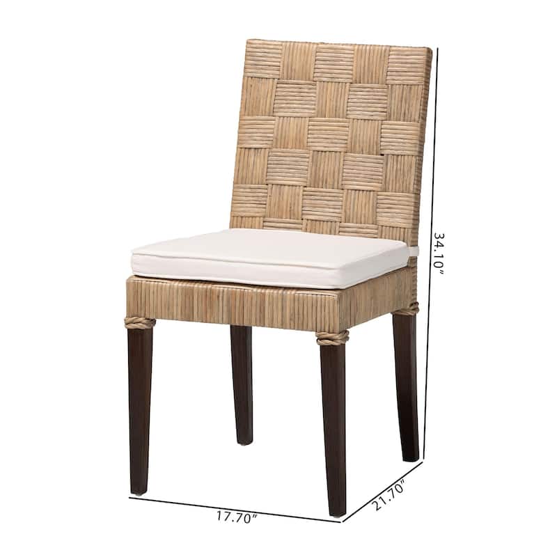 Fatima Natural Rattan Dining Chair with Cushion - Handwoven Wicker Side Chair with Basketweave Back and Seat, Coastal Seating