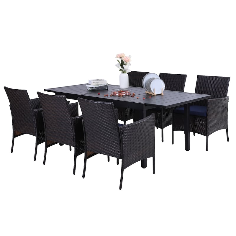 7/9 Patio Dining Set, Expendable Rectangular Outdoor Dining Table with Rattan Chairs - Crescent Chairs 7-piece