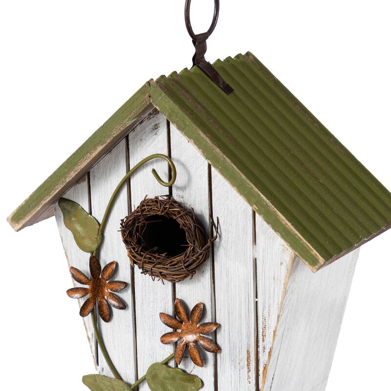 Glitzhome 8.75"H Distressed Solid Wood Decorative Outdoor Garden Birdhouse with 3D Flower