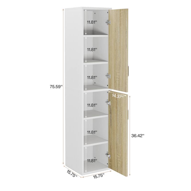 White/ Nature Wood Storage Cabinet with 2 Doors and 6 Shelves