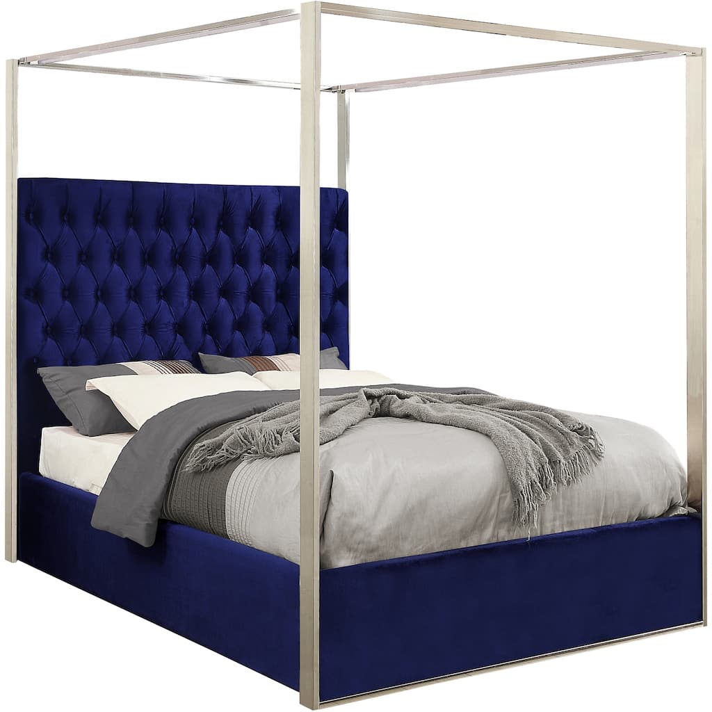 Modern Velvet Upholstered Bed - Tufted Low Profile Design with Chrome Canopy