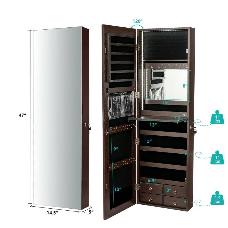 4 Drawers Multipurpose Jewelry Storage Cabinet with LED Light Dropleaf Board and Full-Length Mirror