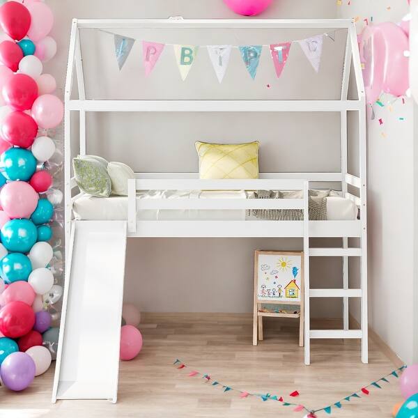 slide 2 of 27, Twin Size Modern Loft Bed House Bed With Slide,Sturdy Construction White