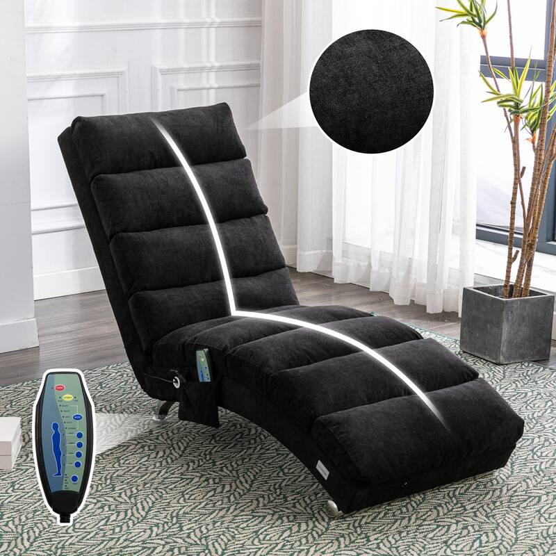 Luxury Upholstered Chaise Lounge Chair with Vibration for Relaxation, Fixed Back Fabric Leisure Recliner Sofa - Black