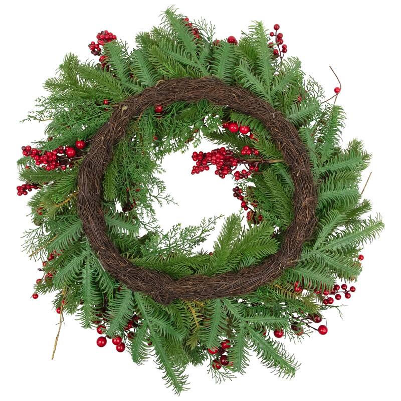 Cedar, Pine and Red Berries Artificial Christmas Wreath - 28" - Unlit