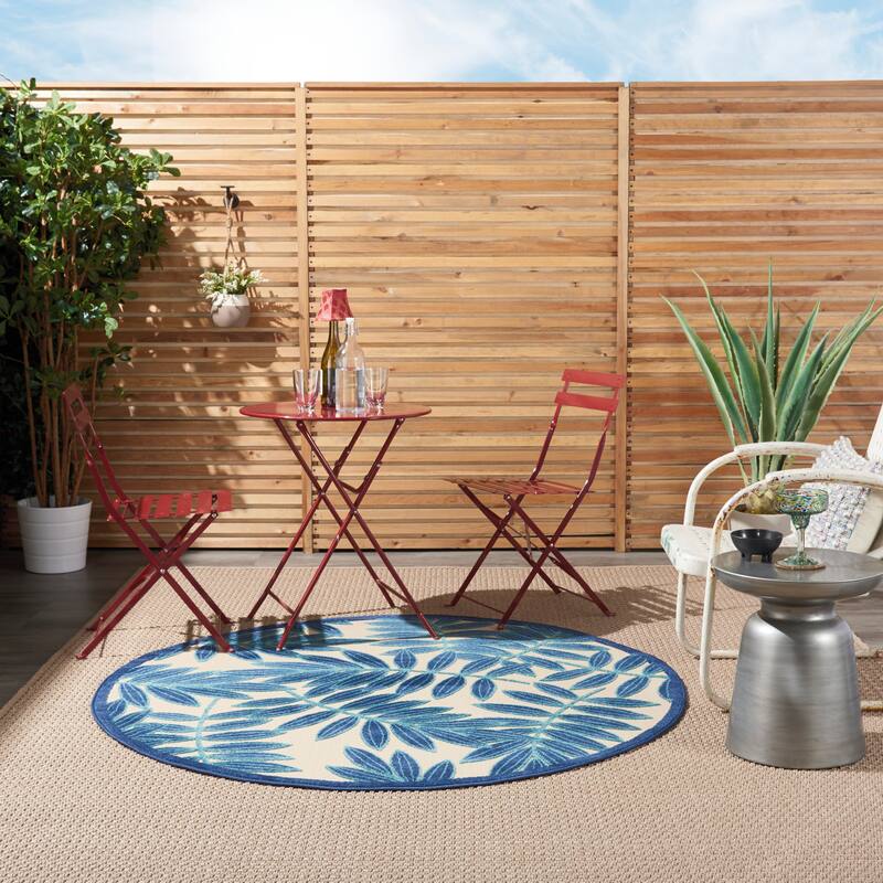 Nourison Aloha Leaf Print Vibrant Indoor/Outdoor Area Rug - 7'10" Round - Blue/White