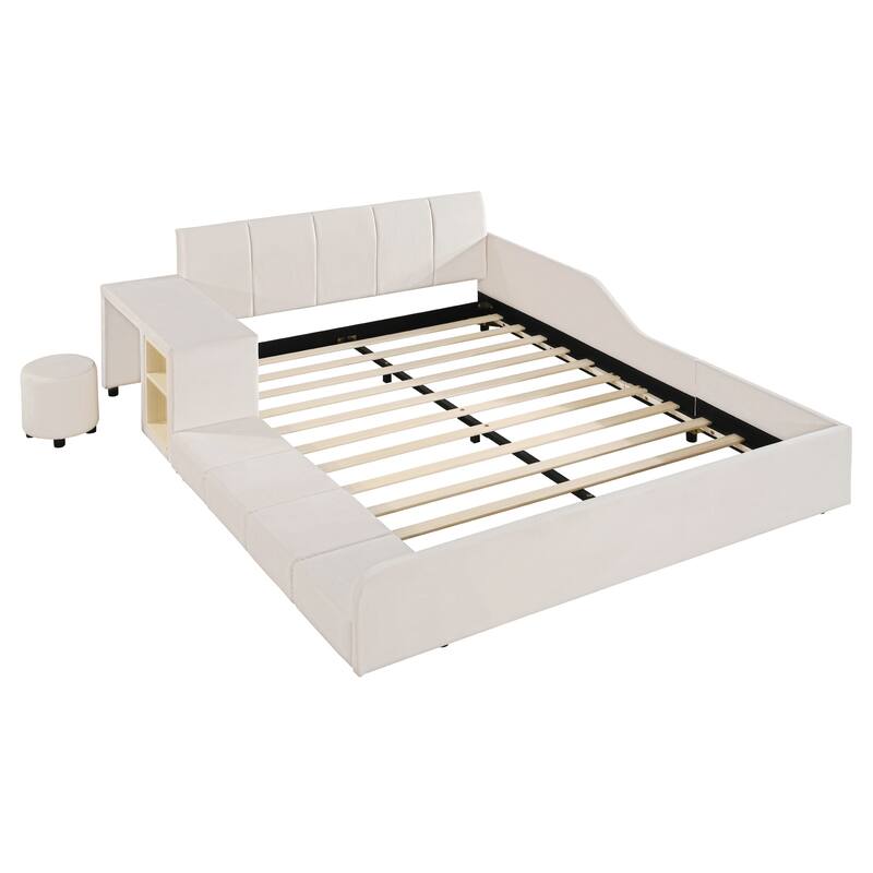 Full Size Upholstered Grounded Bed, Mother & Child Bed with Bedside Desk and Little Round Stool
