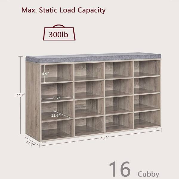 Moving Cubby Rack Shoe Storage Bench with Cushion,16-Cubby Shoe Rack, Adjustable Shelves ...
