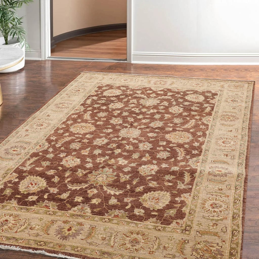 Hand Knotted Chobi Peshawar Brown Persian Wool Traditional Area Rug - 5' 7'' x 8' 3''
