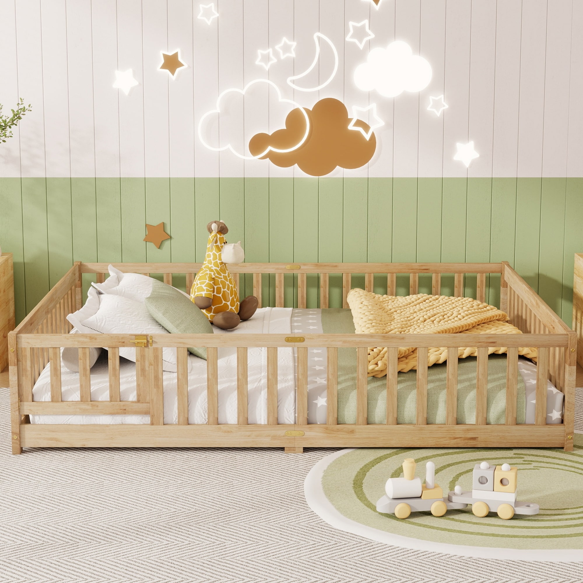 Queen Size Floor Bed with Fence,Door,Rubber Wood Floor Bed with Safety Guardrails