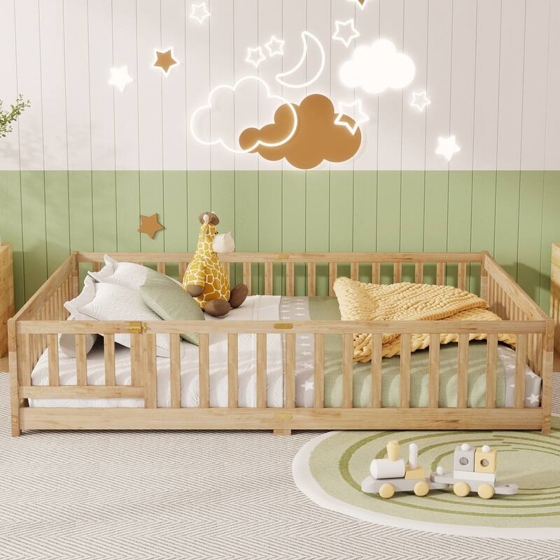 Roomfitters Queen Floor Bed with Surround Fence and Swing Door, Rubber Wood Platform with Guardrails and Slats, Natural - Natural - Queen