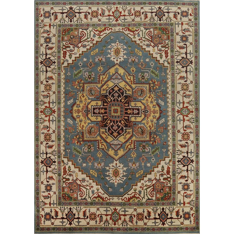 Hand Knotted Oriental 100% Wool Carpet Traditional Medallion Navy Blue & Blues Heriz (serapi) Area Rug - 11' 10'' X 8' 9''