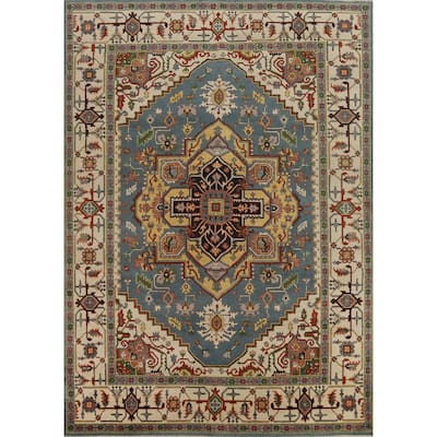 Hand Knotted Oriental 100% Wool Carpet Traditional Medallion Navy Blue & Blues Heriz (serapi) Area Rug - 11' 10'' X 8' 9''