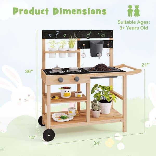 Gymax Mud Kitchen w/ Wheels Outdoor Fir Wood Play Kitchen w/