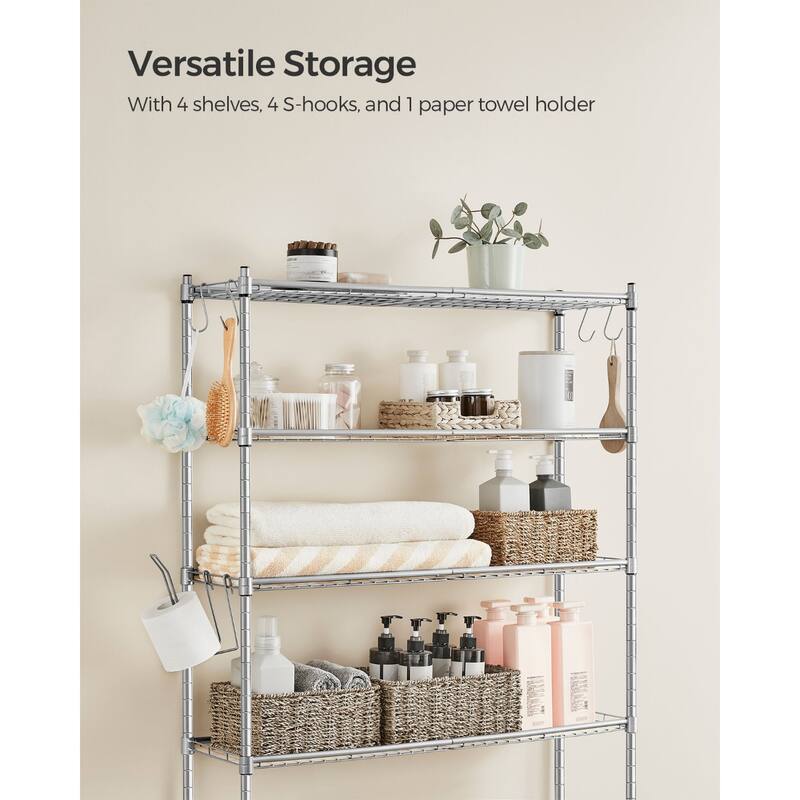 4-Tier Freestanding Metal Over-the-Toilet Storage Rack with 4 Adjustable Shelves and 4 Convenient Hoooks