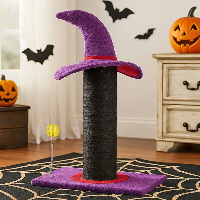 Wizard Hat Cat Scratching Post with Spring Ball Toy for Indoor Cats, Halloween Spooky Cat Scratcher, Purple