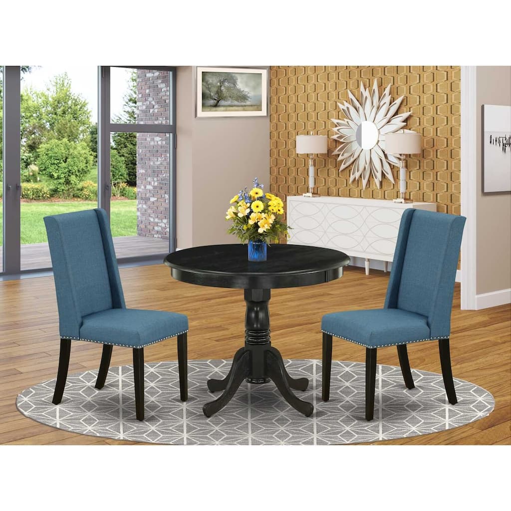 3-Piece Wire brushed Black Solid Wood Top - Round Upholstered Dining Room Set - Seats 4