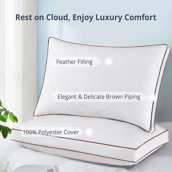 Set of 2 Premium Medium-Firm Goose Feather Down Bed Pillow with Gusset - White - Medium - King