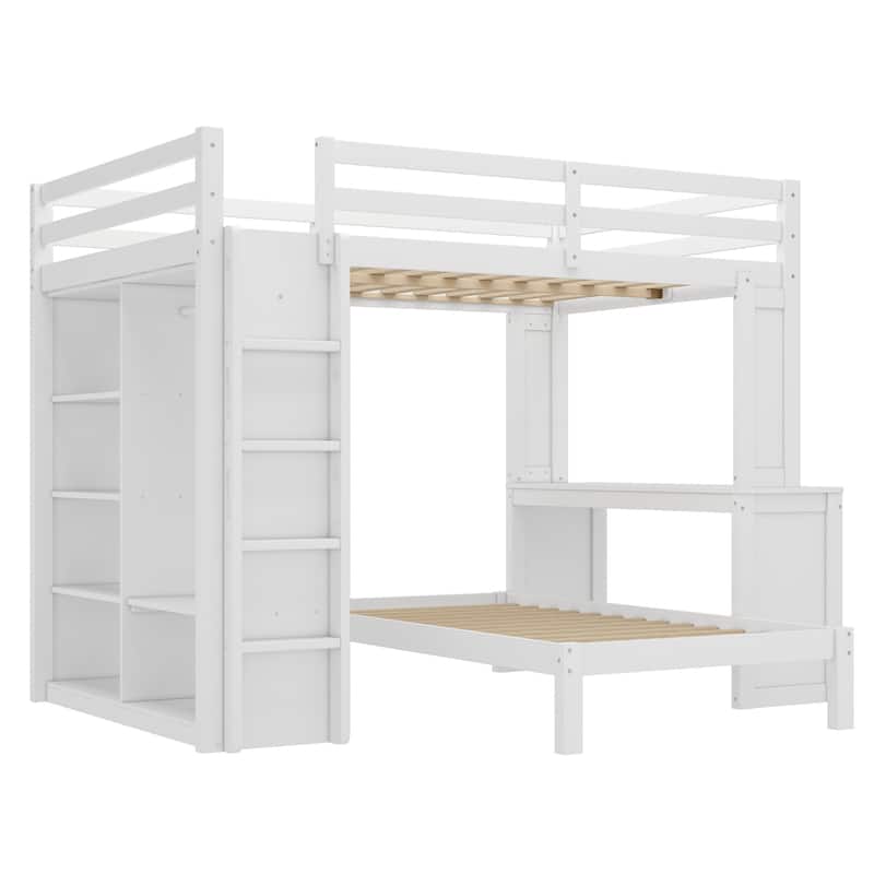 Queen Size Loft Bed & Twin Size Platform Bed Set, Wood Bunk Bed with Built-in Desk, Open Shelves and Wardrobe, Queen Over Twin