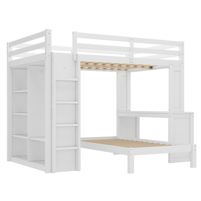 Roomfitters Full/Queen Solid Wood Bunk Bed with Dismountable Lower Bed, Desk, Shelves & Wardrobe, Convertible Loft
